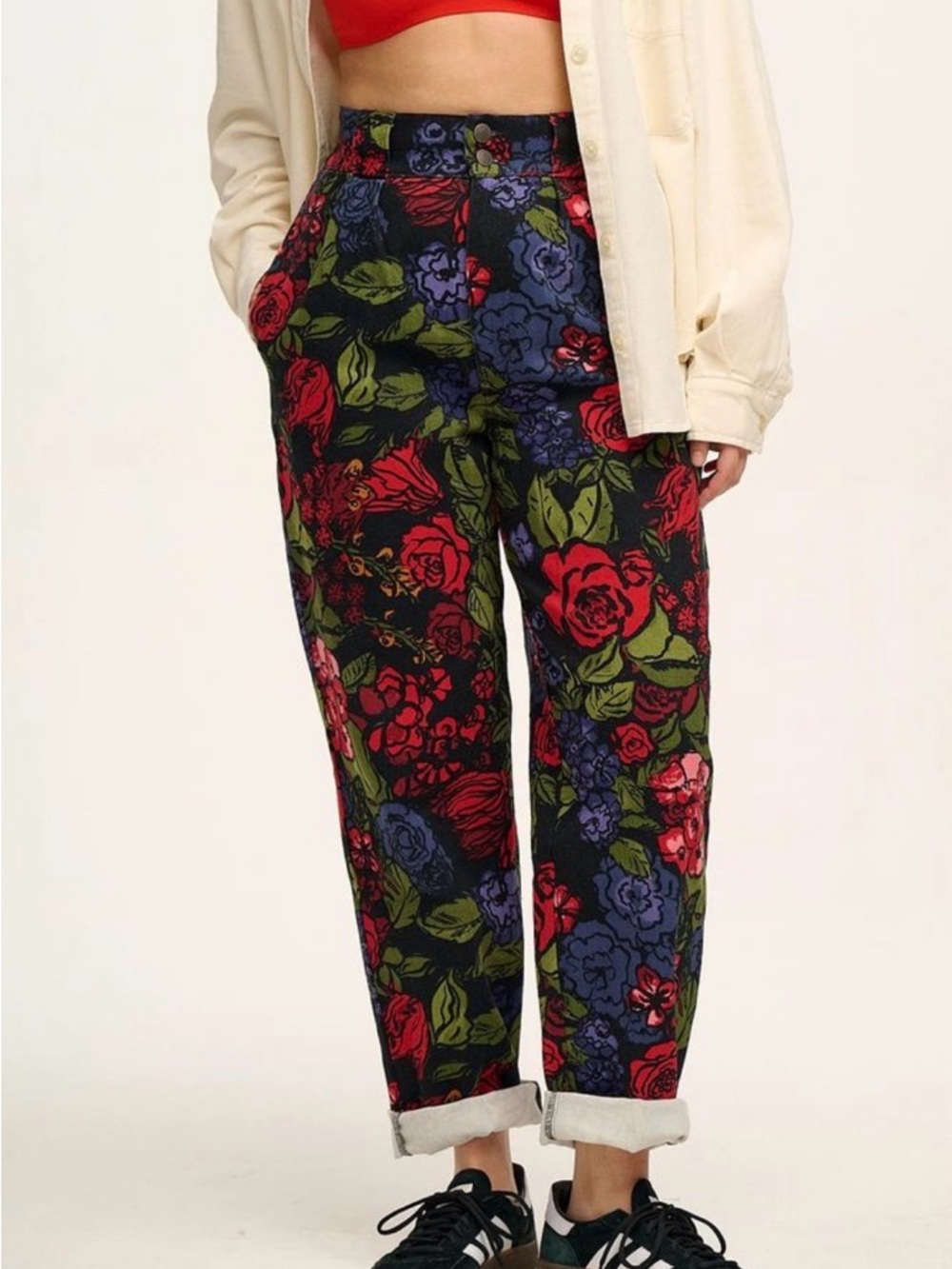 Lucy & Yak Black Floral Straight Leg Pants with Red & Green Print